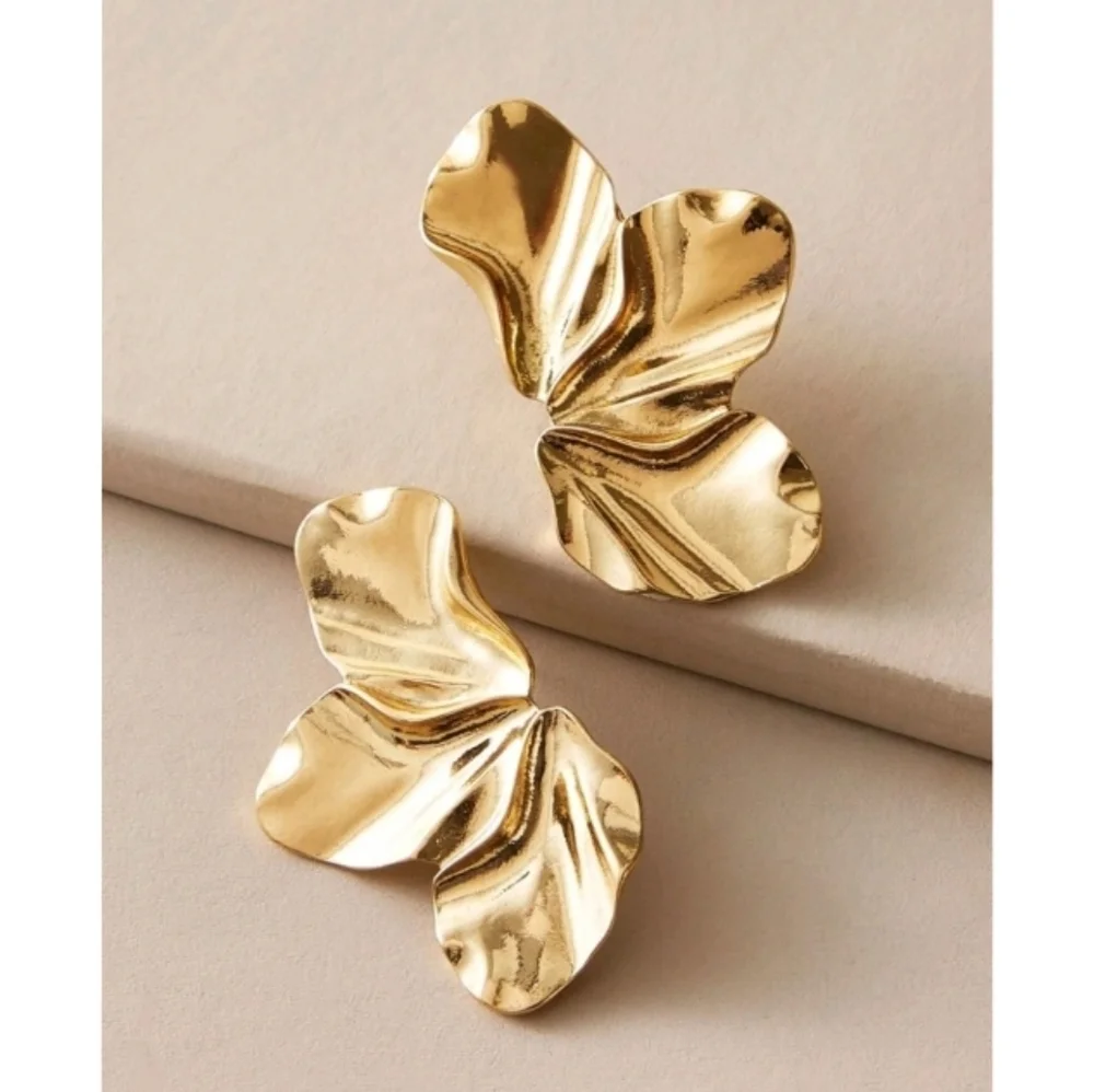 Anthropologie Molten Minimalist Asymetrical Floral Gold Earrings - Picture 1 of 5